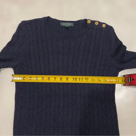 Lauren Ralph Lauren Navy Blue Cable Knit Sweater Button Details Petite Medium - Picture 6 of 8
